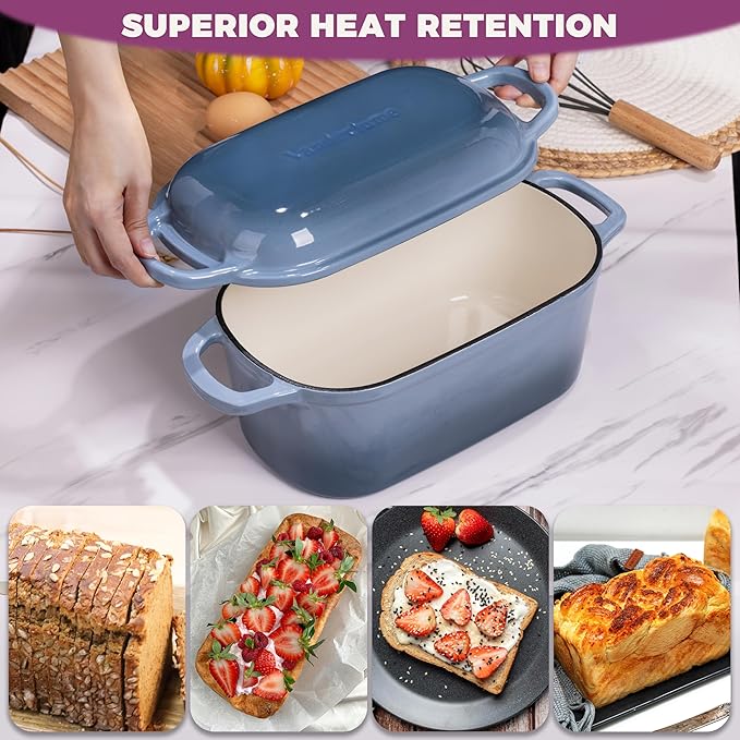 4.6-Quart Oval Dutch Oven for Bread Baking, 2 in 1 Enameled Cast Iron Bread Pan with Lid, Sourdough Bread Dutch Oven for a Crispy Crust, Seasalt