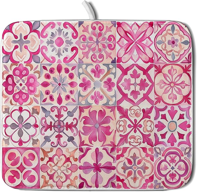 Pink Mexican Tiles Dish Drying Mat Absorbent Microfiber Dish Drying Pad for Kitchen Multi-use Large by Giwawa