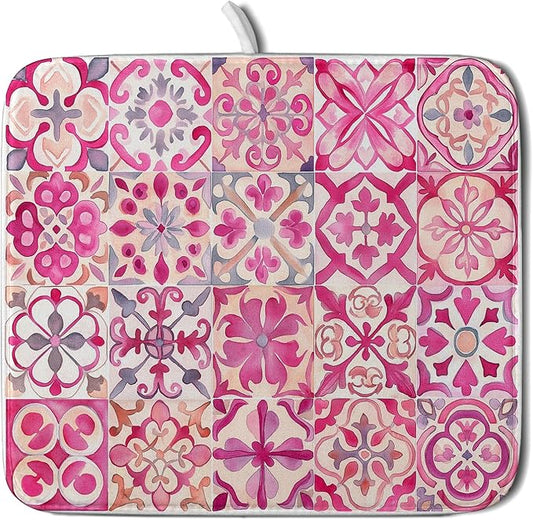 Pink Mexican Tiles Dish Drying Mat Absorbent Microfiber Dish Drying Pad for Kitchen Multi-use Large by Giwawa