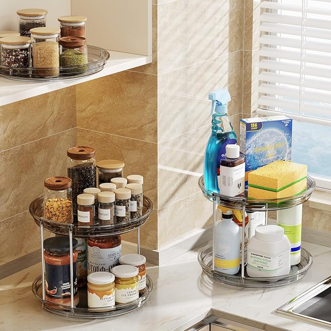 LAMU 2 Pack 2 Tier Lazy Susan Turntable Organizer 9.25'' Rotating Spice Rack Organization for Cabinet, Kitchen, Pantry, Countertop, Bathroom, Vanity, Medicine Cabinet Organizer, Grey - Image 7