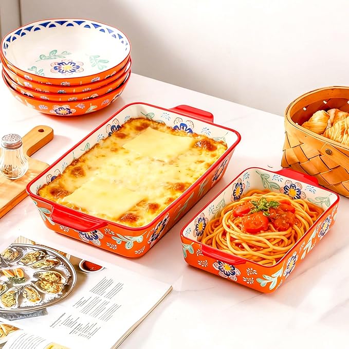 Ceramic Baking Dish Set of 2, 3QT & 1.2QT Stoneware Casserole Dishes for Oven, Rectangular Bakeware with Handles, Oven Safe 480°F, Microwave Dishwasher Safe, Lasagna & Brownie Pan – Warm Orange
