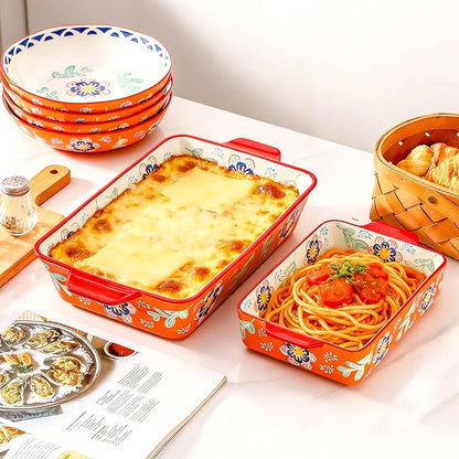 Ceramic Baking Dish Set of 2, 3QT & 1.2QT Stoneware Casserole Dishes for Oven, Rectangular Bakeware with Handles, Oven Safe 480°F, Microwave Dishwasher Safe, Lasagna & Brownie Pan – Warm Orange