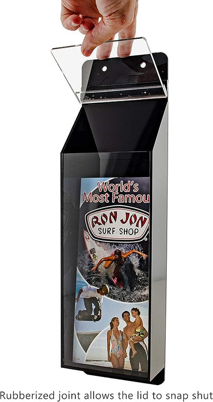 Outdoor Brochure Holder Holds 4" x 9" Rack Cards Black and Clear Acrylic Wall Mount Pamphlets Box with Lid and Take One Sticker and Adhesive Strips by Marketing Holders
