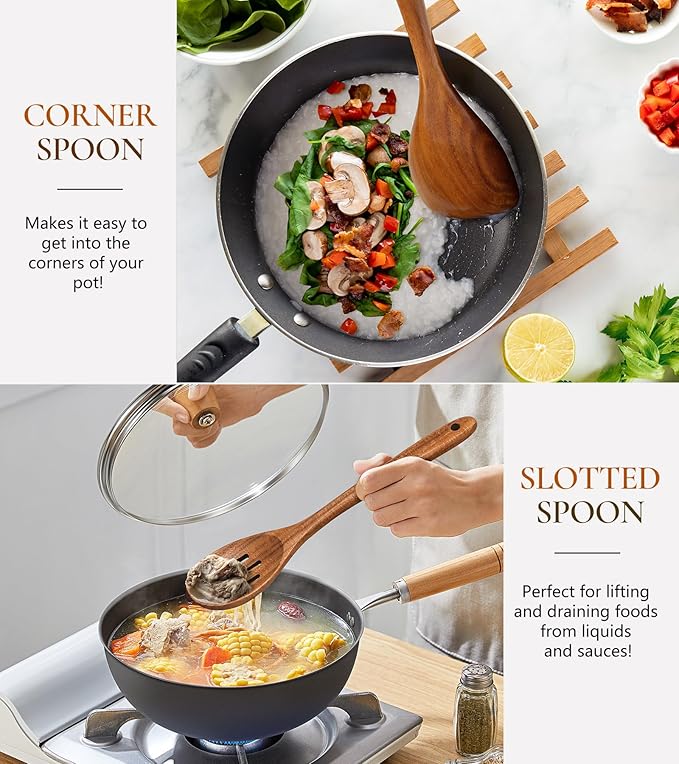2Pcs Wooden Spoons for Cooking, Natural Premium Teak Wood Corner Spoon & Slotted Spoon, Good Grip Large Cooking Spoons Spatula, Heat Resistant Wooden Kitchen Cooking Utensils Set for Nonstick Cookware - Image 4