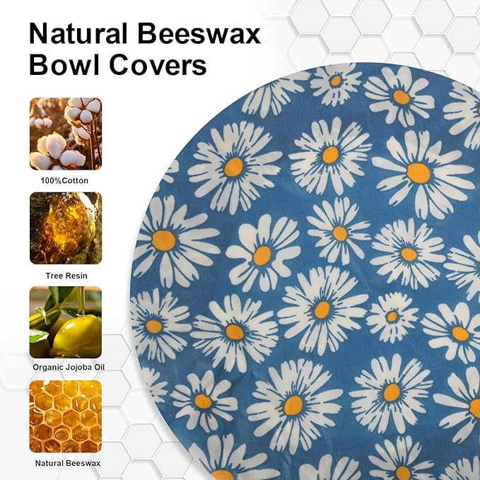 Reusable Bowl Covers for Bread Proofing（2 Large）- Cotton Beeswax Bowl Covers Reusable with Elastic Rim, Sourdough Bowl Cover for Food Storage and Food Preservation (10INCH) (daisy)