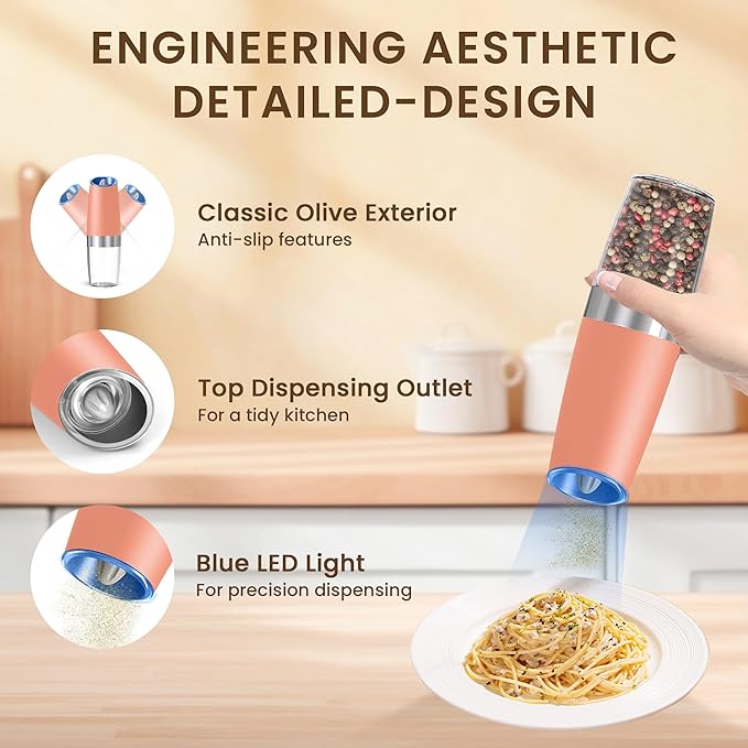 Gravity Electric Salt And Pepper Grinder Set, Automatic Salt And Pepper Grinder Set, Battery Powered (6 AAA Batteries Each), Adjustable Roughness, LED Light, 2 Pack, (Pink) - Image 4