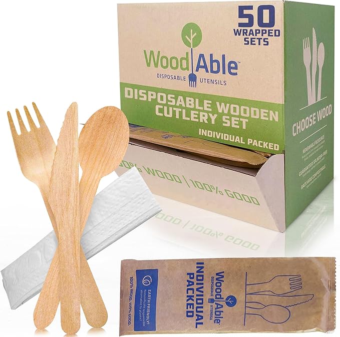 Disposable Wooden Cutlery Set - 100% Home Compostable - Wooden Utensils, Eco-Friendly, Organic, Sustainable and Carbon Neutral Certified - Fork, Knife, Spoon & Napkin - 150 by WoodAble