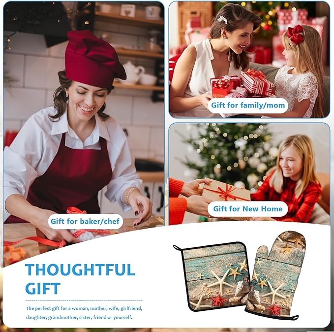 Beach Shells Starfish Oven Mitts and Pot Holders Sets Heat Resistant 4Pcs Potholders Oven Gloves Hot Pads for Kitchen Baking Cooking Grilling BBQ