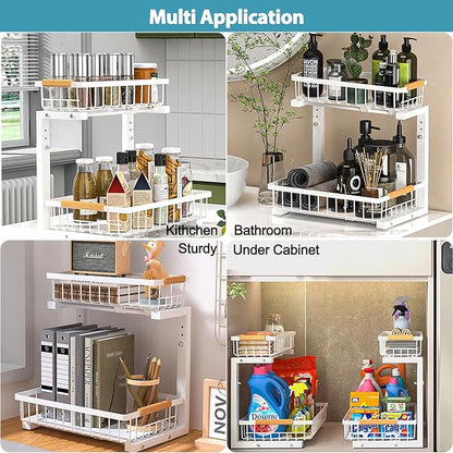 Liuoud Under Sink Organizer 2 Pack, 2 Tier Slide Out Large Capacity Height Adjustable Under Sink Organizers and Storage for Kitchen Bathroom Cabinet, White