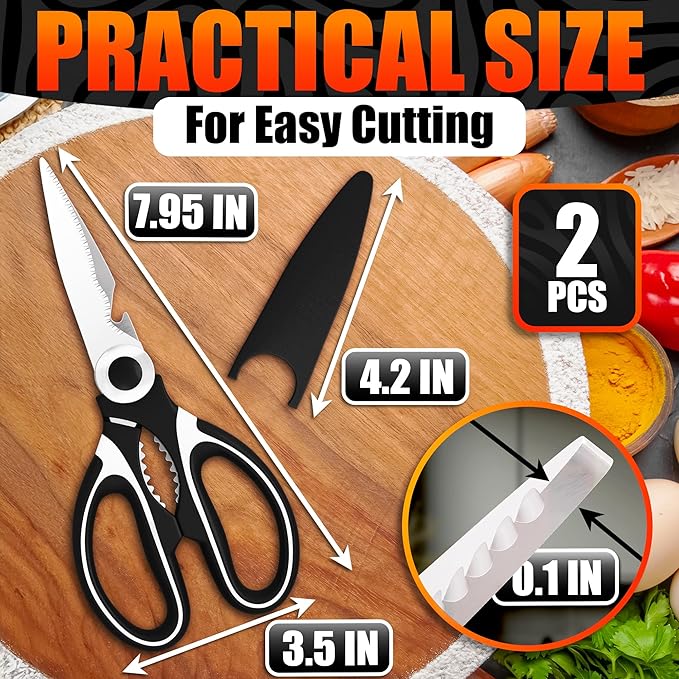 2 Pcs Heavy Duty Kitchen Scissors for Food – 5-in-1 Stainless Steel Kitchen Shears with Bottle Opener, Non-Slip Handles & Protective Cover – Utility Scissors for Cutting Meat, Poultry & Vegetables - Image 2