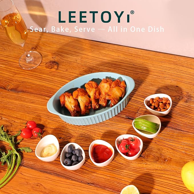 LEETOYI Porcelain Small Oval Au Gratin Pans, Baking Dish Set for 1 or 2 person servings, Bakeware with Double Handle for Kitchen and Home, Set of 2 (Turquoise) - Image 2