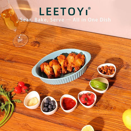 LEETOYI Porcelain Small Oval Au Gratin Pans, Baking Dish Set for 1 or 2 person servings, Bakeware with Double Handle for Kitchen and Home, Set of 2 (Turquoise) - Image 2