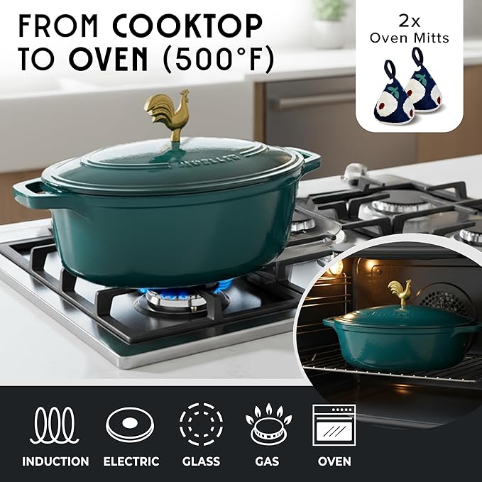 MUELLER HOME 5.5 Quart Enameled Cast Iron Oval Dutch Oven with Rooster Knob and Cotton Potholders, Heavy-Duty Cookware, Oven-Safe up to 500° F & Across All Cooktops, Thanksgiving Essentials, Emerald - Image 4
