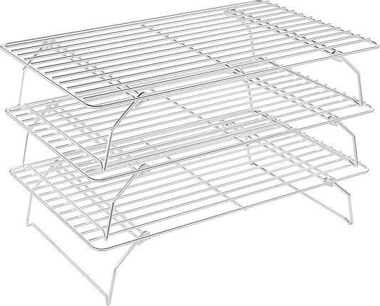 3 Tier Stackable Cooling Rack for Batch Cooling Cookie, Pizza, Cake-15.8”x 10”- Heavy Duty Cooling Racks for Cooking and Baking, Oven and Dishwasher Safe Baking Supplies-Silver by QukakaHomeCare
