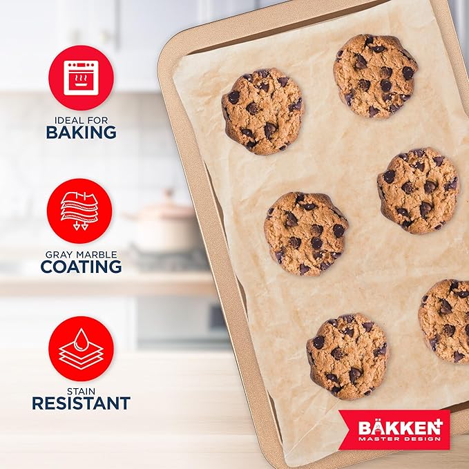 BAKKEN Kitchen Baking Pans - Nonstick Brown Coating, 13.18’’ × 8.66’’ Commercial Grade Carbon Steel Cookie Sheet, Baking Kitchen Essentials, PFOA, PFOS, PTFE Free, Oven Safe Tray (450° F), Brown - Image 4