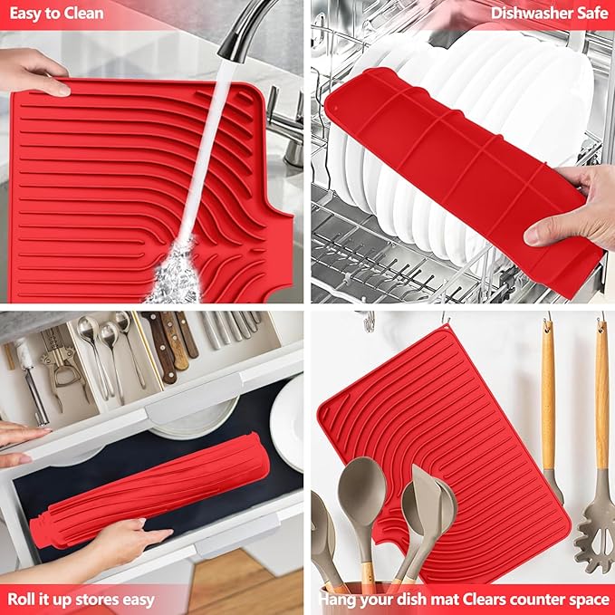 Dish Drying Mat for Kitchen Counter, with Built-in Drain Lip, Food-Grade Silicone, Easy Clean Pad for Countertop Protection, Multi-Functional Use (18x11.8, Red) - Image 5