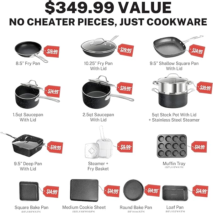 Granitestone 20 Pc Pots and Pans Set Nonstick Kitchen Cookware Set with Frying Pan, Bakeware & Steamer, Diamond Infused, Non Toxic PFOA PFOS Free, Metal Utensil Safe, Oven & Dishwasher Safe, Black - Image 2