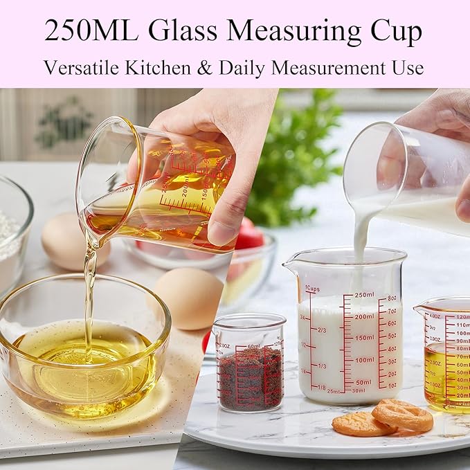 3 Piece Glass Measuring Cup Set, Includes 1/2-Cup, 1-Cup, and 2-Cup High Borosilicate Glasss Liquid Measuring Cups, Dishwasher, Freezer, Microwave, and Preheated Oven Safe, Essential Kitchen Tools - Image 7
