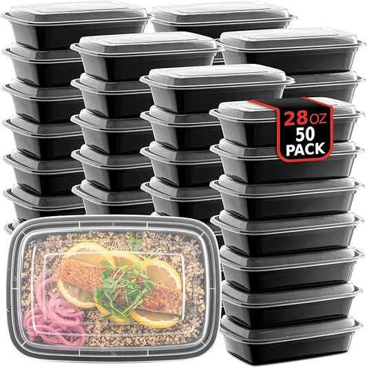50-Pack Reusable Meal Prep Containers Microwave Safe Food Storage Containers with Lids, 28 oz - 1 Compartment Take Out Disposable Plastic Bento Lunch Box To Go, BPA Free - Dishwasher & Freezer Safe by PROMOZE