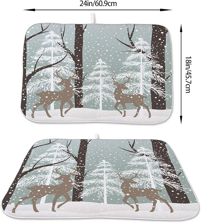 Winter Dish Drying Mat 18 x 24 inch Winter Landscape Snow Tree Deer Decorative Drying Mats Microfiber Absorbent Holiday Dish Washable Draining Mat for Kitchen Counter Decor