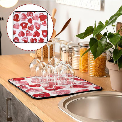 Breling Valentine's Day Dish Drying Mat Valentine Kitchen Dry Mat Absorbent Hearts Table Dishes Pad Red Pink Protect Tableware Kitchen Accessories for Home Decor, 16 x 18.4 Inches