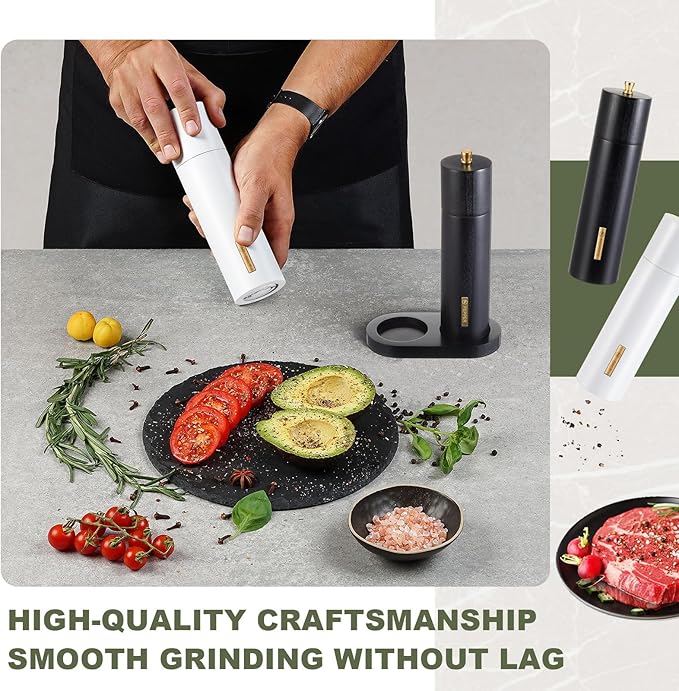 Wooden Salt and Pepper Grinder Set Manual Salt and Pepper Mill with Tray Adjustable Coarseness Refillable Wood Grinders with Gold Bottle Label for Kitchen (Black,White,8 Inch) - Image 2