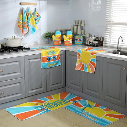 Fourluoo 10 Pcs Hello Summer Kitchen Decor and Accessories Sunshine Beach Oven Mitts and Pot Holders Set Sunglass Dish Towels Boho Kitchen Decor Palm Gloves for Baking Cooking Grilling BBQ Women Gift