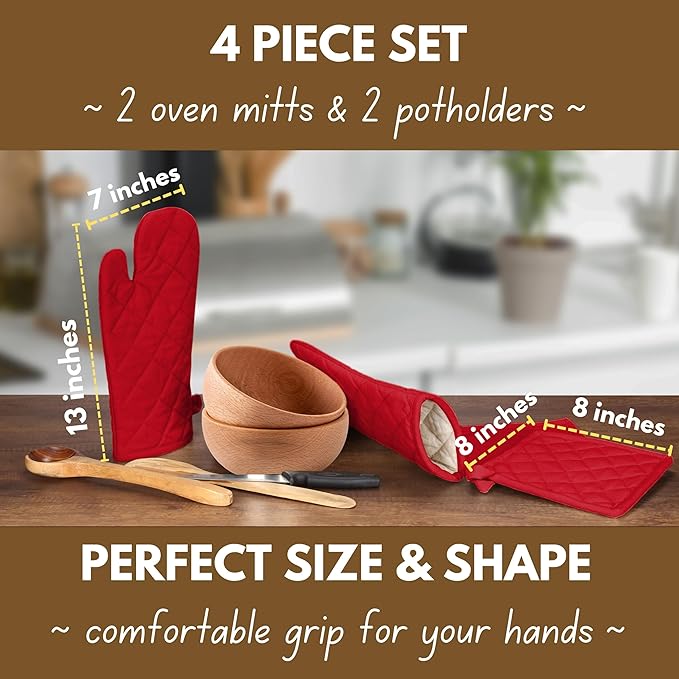 Native Fab Pot Holders and Oven Mitts Sets for Kitchen Heat Resistant - Hanging Non-Slip - 100% Cotton Kitchen Oven Mitts and Pot Holders 4-Piece Set - Red - Image 3