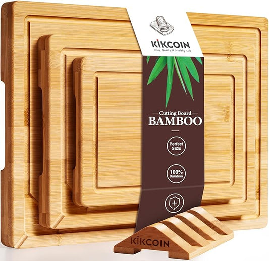 Kikcoin Over Sink Bamboo Cutting Boards for Kitchen - 3+1 Piece Self-Draining Healthy Wood Cutting Board Set with Built in Handle& Spout, Charcuterie& Meat Extra Large Butcher Chopping Boards, Natural by Kikcoin