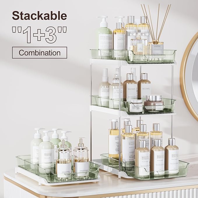 Delamu 2-Tier Multi-Purpose Bathroom Under Sink Organizers and Storage, Stackable Kitchen Pantry Organization, Pull Out Medicine Cabinet Organizer with Movable Dividers, Light Green, 2 Pack - Image 3