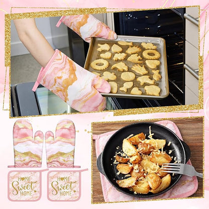 Bencailor Light Pink 6 Pcs Marble Kitchen Decor Gold Pot Holders Oven Mitts 2 Dish Towels 2 Farmhouse Cooking Mittens Oven Glove and Potholder for Baking Cooking Grilling Supply Accessories