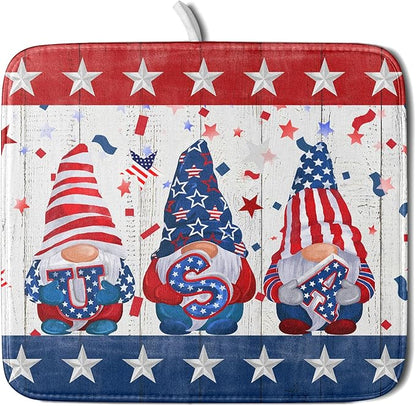 Giwawa 4th of July Gnomes Dish Drying Mat 16x18 inch Patriotic Elf Usa Stars Dish Drainer Mats Independece Day Small Microfiber Dish Drying Pad for Kitchen Countertop Holiday Decor