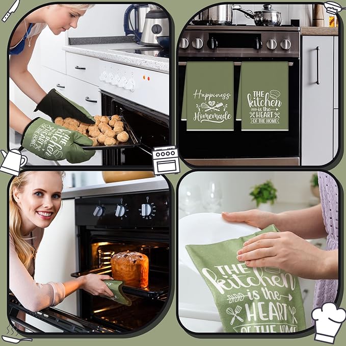 Sratte 6 Pcs Kitchen Decor Accessories Set Farmhouse Towels Pot Holders Oven Mitts Set 2 Dish Towels 2 Potholders 2 Cooking Mittens Oven Glove for Christmas Baking Cooking Supply(Green,Kitchen) - Image 5
