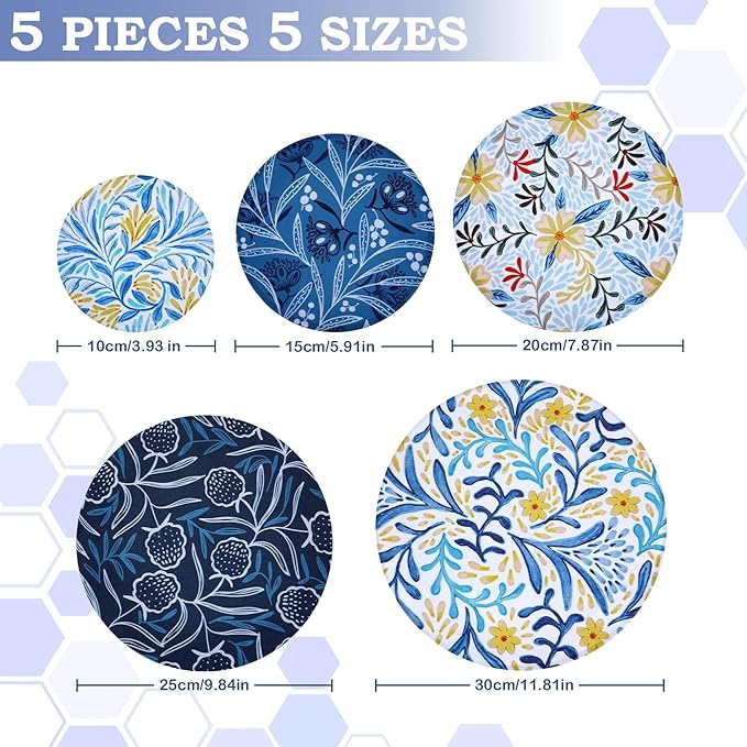 5-Size Reusable Beeswax Bowl Covers for Bread Proofing, Cotton Cloth Flexible Beeswax Wraps for Food Storage(Blue Floral) - Image 2