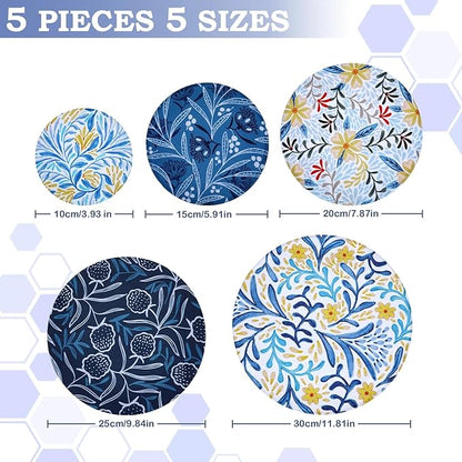 5-Size Reusable Beeswax Bowl Covers for Bread Proofing, Cotton Cloth Flexible Beeswax Wraps for Food Storage(Blue Floral) - Image 2