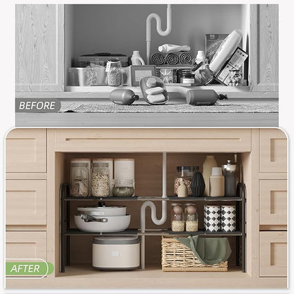 NETEL Under Sink Organizers and Storage, 2 Tier Expandable Under Cabinet Organizer Shelf with 8 Removable Panels,under sink shelf bathroom,Adjustable Shelf for Cupboard