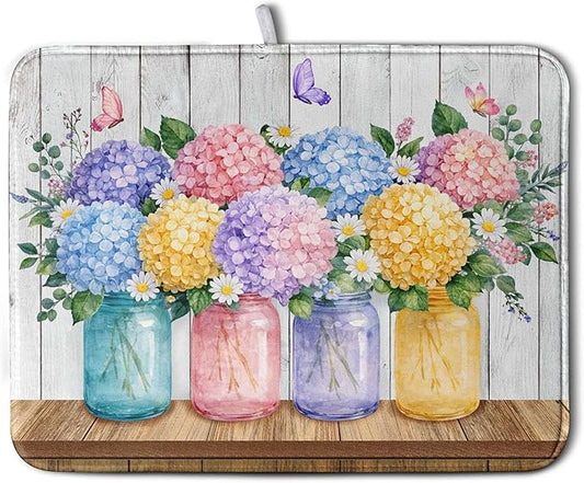 Hydrangea Dish Drying Mat for Kitchen Counter Spring Summer Floral Vases dish mat Microfiber Absorbent Dish Drainer Pad Rustic Farmhouse Floral Wooden Board Dish Draining Mats 18x24 Inch by Kwlegh