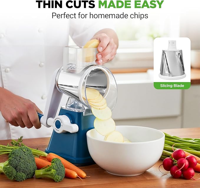 NutriChef 3 in 1 Cheese Grater & Shredder | Strong Suction Base, Rotary Handle with Safety Lock | Includes Hand Crank & 3 Drum Blades for 3 Textures, Fine, Medium & Strips | Blue - Image 6