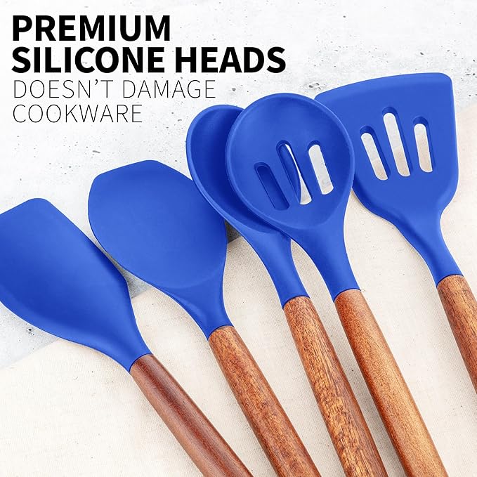 Zulay Kitchen Non-Stick Silicone Cooking Utensils Set with Acacia Wood Handles - 5 Piece Set - Heat Resistant to 464F - Dark Blue - Image 9