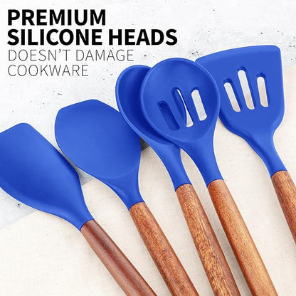 Zulay Kitchen Non-Stick Silicone Cooking Utensils Set with Acacia Wood Handles - 5 Piece Set - Heat Resistant to 464F - Dark Blue - Image 9