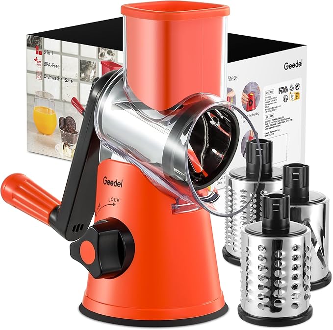 Geedel Rotary Cheese Grater, Kitchen Mandoline Vegetable Slicer with 3 Interchangeable Blades, Easy to Clean Rotary Grater Slicer for Fruit, Vegetables, Nuts by Geedel
