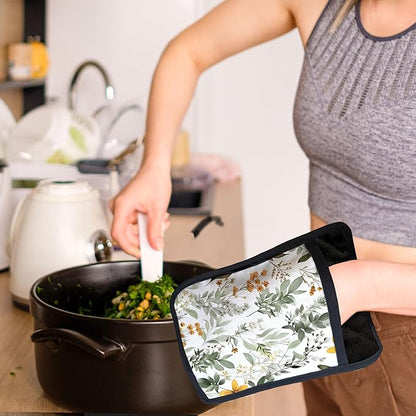Sage Green Leaf Floral Pot Holders with Pockets, Cottagecore Botanical Flower Oven Pot Holders Heat Resistant Oven Mitts Hot Pads for Kitchen Baking Cooking