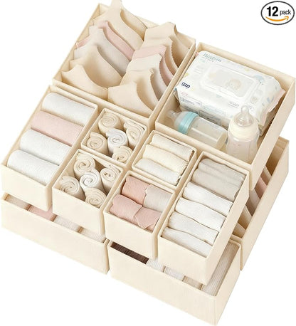 Criusia Drawer Organizer Clothes 12 Pack, Dresser Organizer for Nursery Bedroom Closet Organization and Storage - Baby Clothes Organizer Bins - Drawer Divider for Sock Underwear Bra Ties (Beige) by Criusia