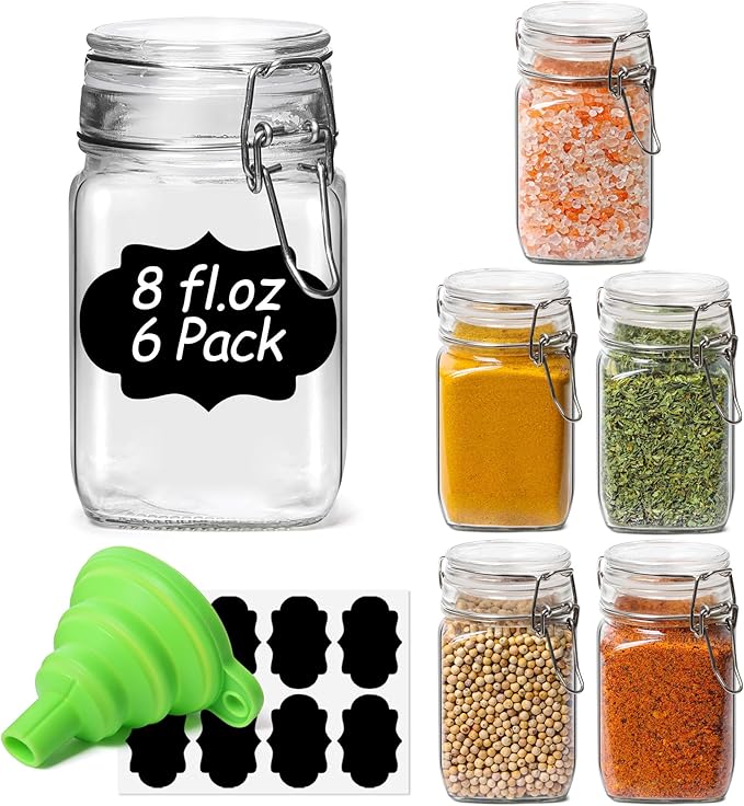 ComSaf Set of 6 Square Glass Jars with Airtight Lids (8 Oz), Pantry Canisters for Spices, Jams, & Herbs, Wire Clamp Jar for Overnight Oats, Pickling, Favors, Includes Labels & Funnel by ComSaf