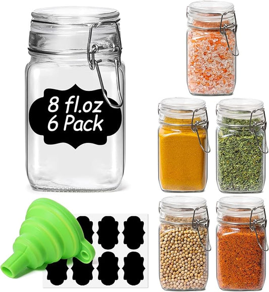 ComSaf Set of 6 Square Glass Jars with Airtight Lids (8 Oz), Pantry Canisters for Spices, Jams, & Herbs, Wire Clamp Jar for Overnight Oats, Pickling, Favors, Includes Labels & Funnel by ComSaf