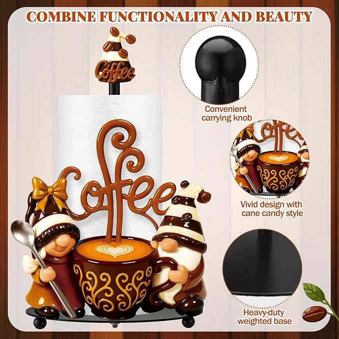 Thyle Coffee Gnomes Bar Decor Paper Towel Holder with Round Base Countertop Cute Rustic Gnome Kitchen Bathroom Decorative Paper Towel Holder Stand for Coffee Lovers Gifts Toilet Home Accessories
