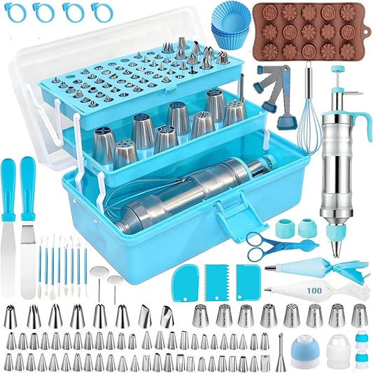 Gawren-H&E 208 PCS Cake Decorating Kit,Baking Supplies with Dessert Decorating Syringe Set,Storage Case,Icing Piping Bags and Tips Set For Cookies, Cupcake & Cake Decorating Supplies for Beginners
