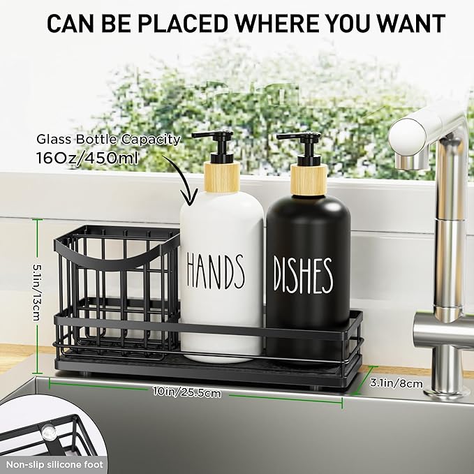Moforoco Kitchen Dish Soap Dispenser Set, 16OZ Glass Bottle, Hand and Dish Soap Dispenser Set, Instant Dry Tray, Brush Holder with Smiley Face Sponge Holder (Universal Black Tray+Black&White Bottle) - Image 3