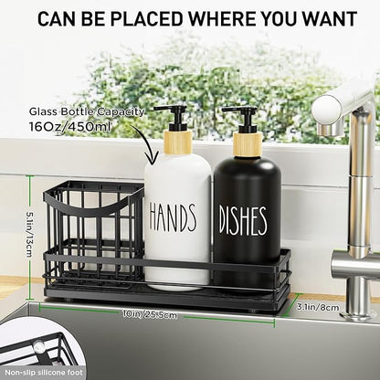 Moforoco Kitchen Dish Soap Dispenser Set, 16OZ Glass Bottle, Hand and Dish Soap Dispenser Set, Instant Dry Tray, Brush Holder with Smiley Face Sponge Holder (Universal Black Tray+Black&White Bottle) - Image 3
