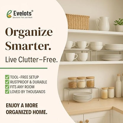 Evelots Kitchen Cabinet Wire Shelf Organizer/Rack - 4 Pack Sturdy Large Metal Shelf Risers - Double Your Counter Space - Great for Kitchen, Freezer, Pantry and Bathroom - Rustproof - Chrome - Image 8